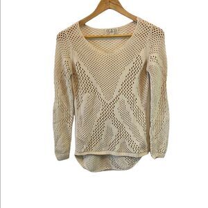 PINK ROSE Tan Crochet Scoop Neck Long Sleeve Fitted Sweater Junior Fit M